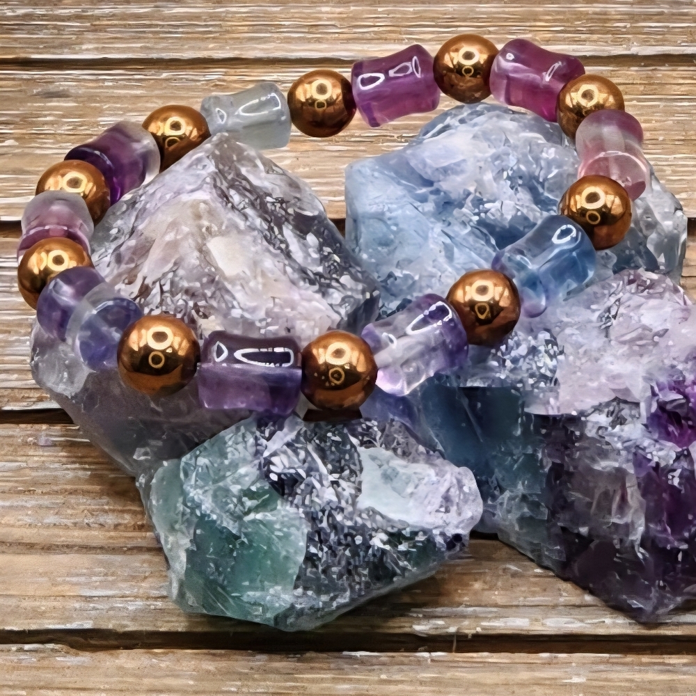 Bamboo Fluorite and Copper Hematite Beaded Bracelet